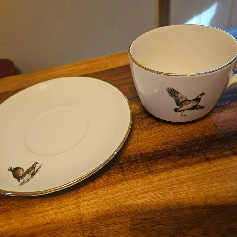 vintage delano studios hand colored pheasant saucer and tea cup - Picture 3 of 8